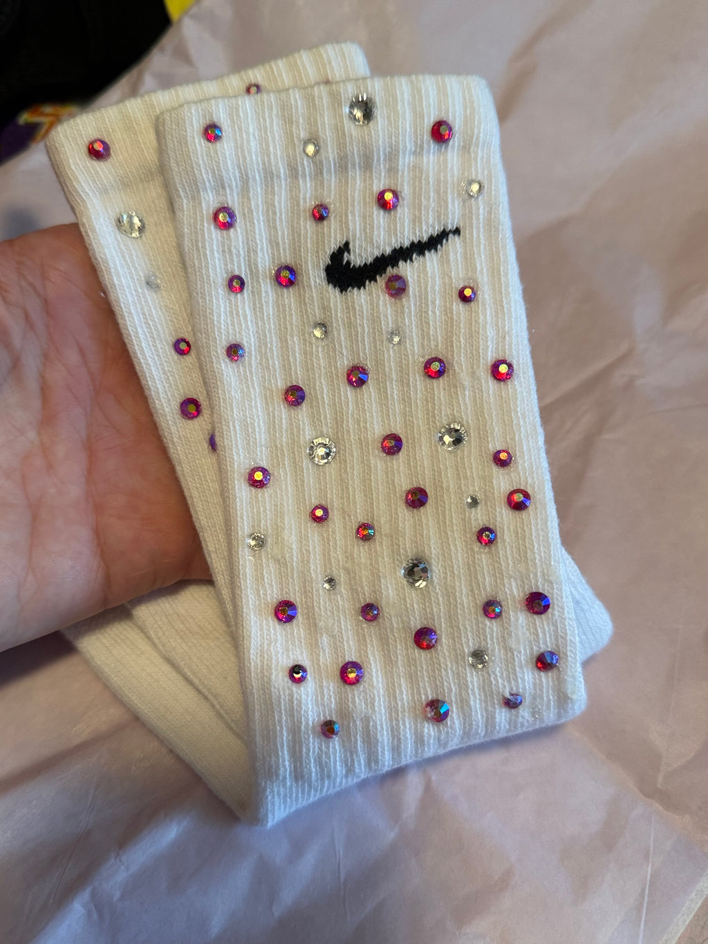 Custom rhinestone socks, any color combination can be made. Personalized for all of your needs!