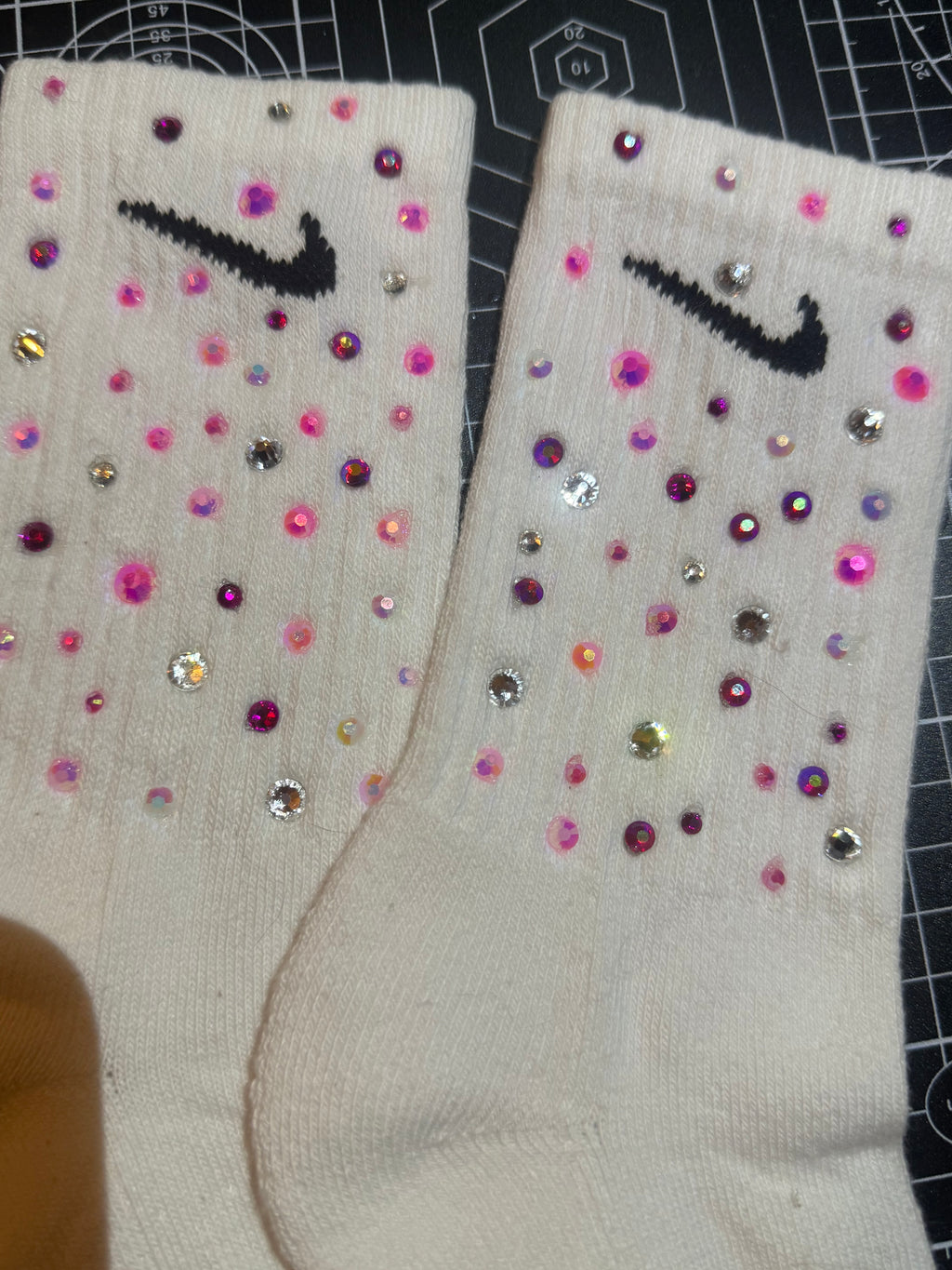 Custom rhinestone socks, any color combination can be made. Personalized for all of your needs!